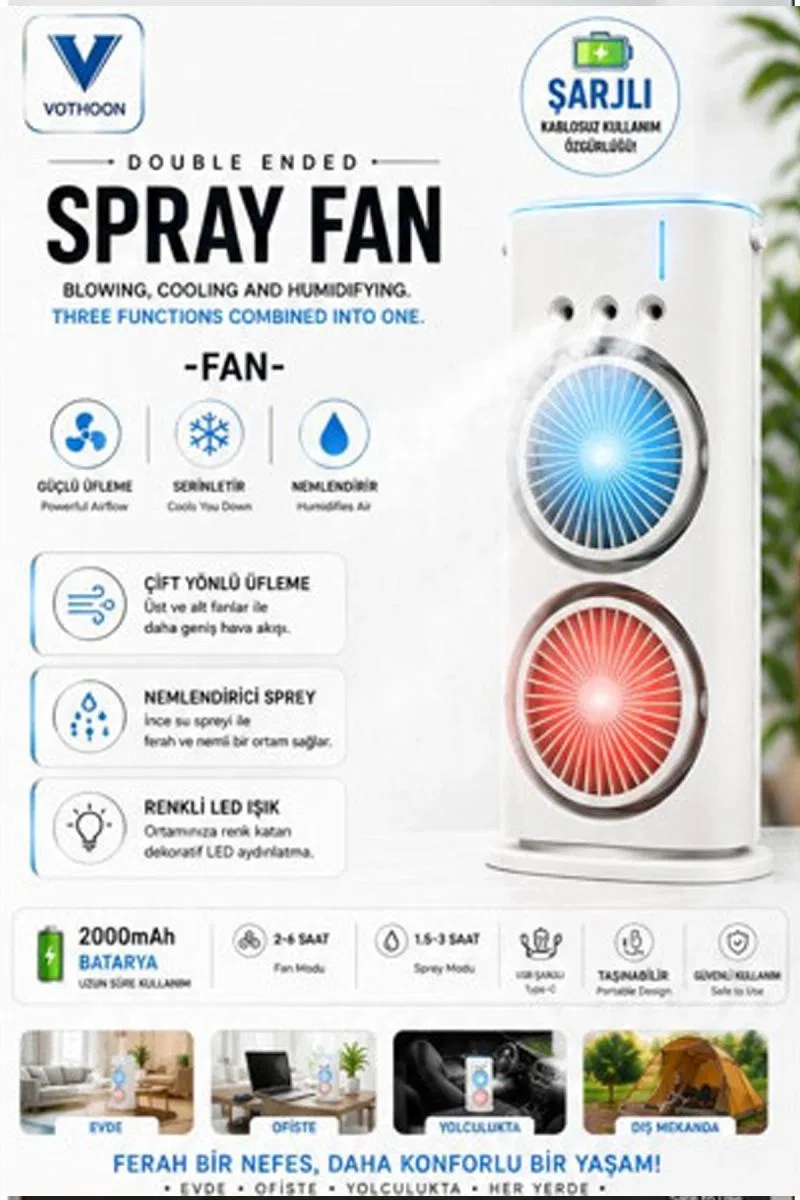 Çift Başlıklı Sprey Fan Nemlendirici Ve Renkli Led Işıklı Beyaz görsel 2