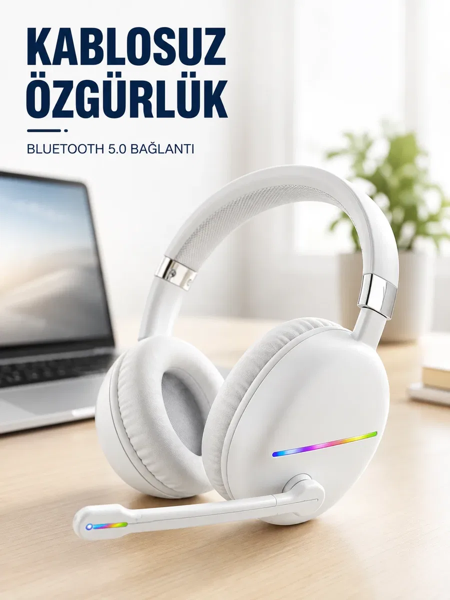 Kablosuz Bluetooth Mikrofonlu Beyaz Kulaklık RGB Işıklı