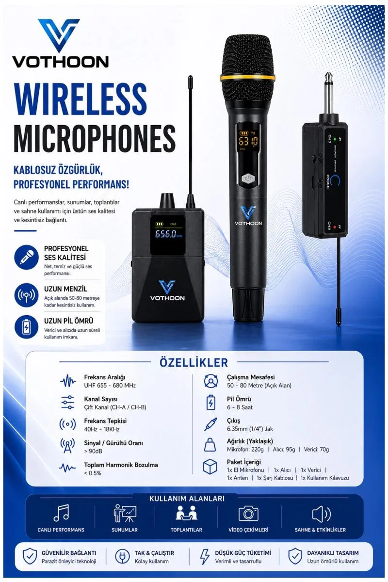 Mikrofon Seti Uhf Çift K Profesyonel El Mikrofonu 50-80m Menzil