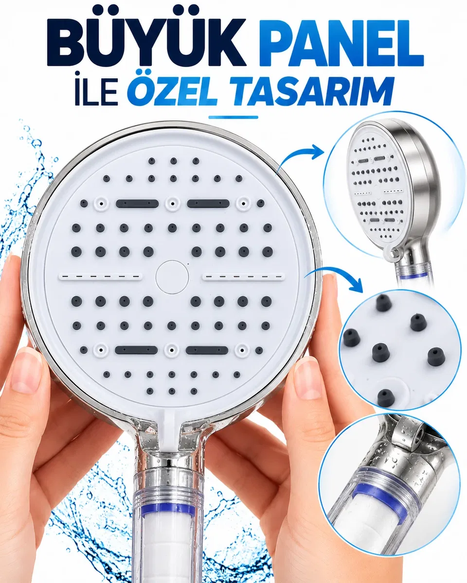 6 Sprey Modlu Filtreli Duş Başlığı Büyük Su Paneli Silikon Nozullu Beyaz Modern Tasarım görsel 3