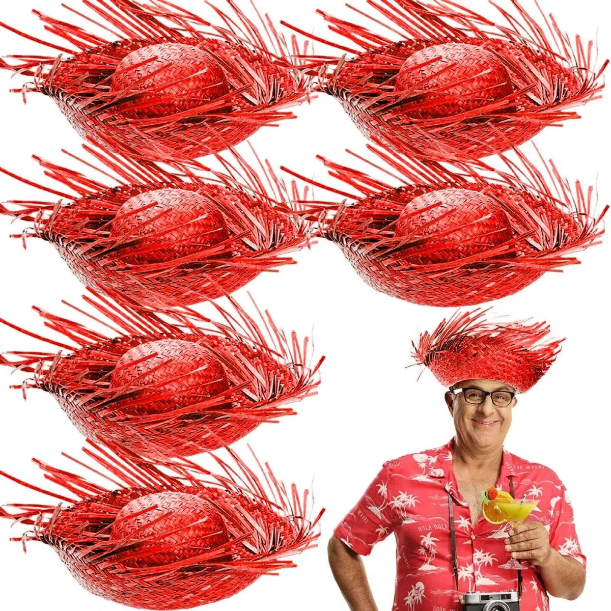 Tropikal Parti Kırmızı Hasır Hawaii Şapkası 13x36 Cm görsel 2