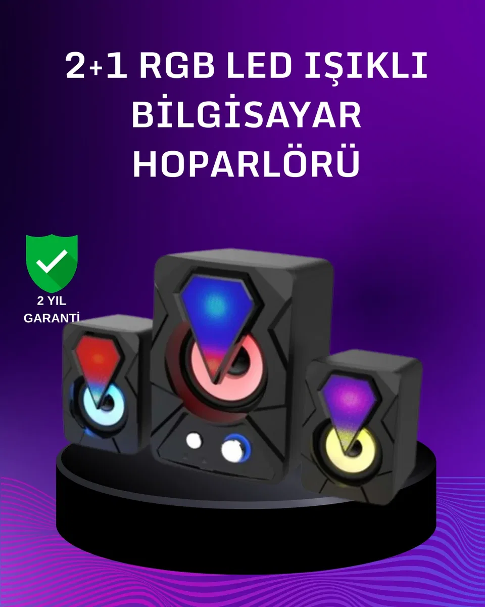 USB Bağlantılı RGB 2. 1 Hoparlör Seti Derin Bas ve Renkli Işık