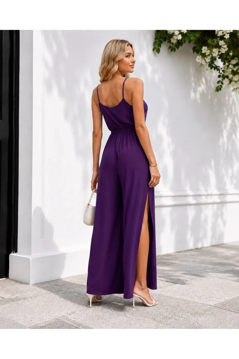 Kadın Modern Tasarım V Yaka İnce Askılı Wide Leg Tulum görsel 4