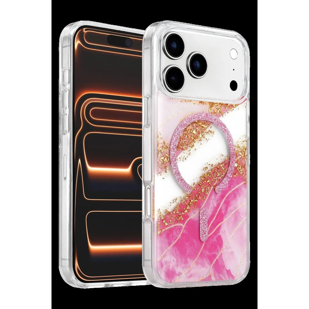 Onegif Apple İphone 17 Pro Lotus Simli Magsafe Kapak - Pembe