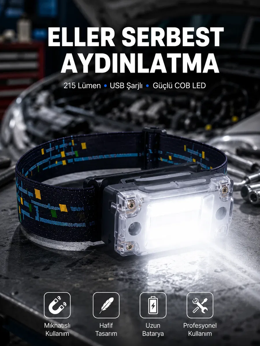 Kompakt LED Kafs Feneri USB Şarjlı Manyetik 2 Işık Modlu 215 Lümen Yeni Nesil