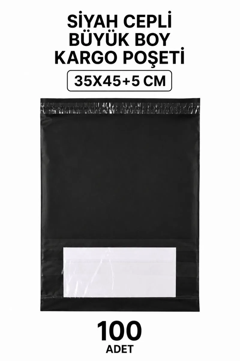 Siyah Cepli Büyük Boy Kargo Poşeti 35x45+5 Cm 100 Adet