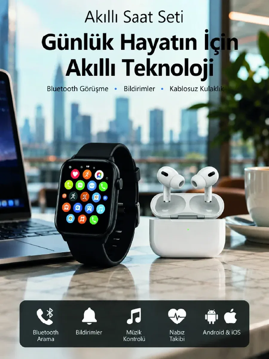 Bluetooth Arama Özellikli Akıllı Saat Seti Kablosuz Kulaklık Hediyeli, Android & iOS Uyumlu
