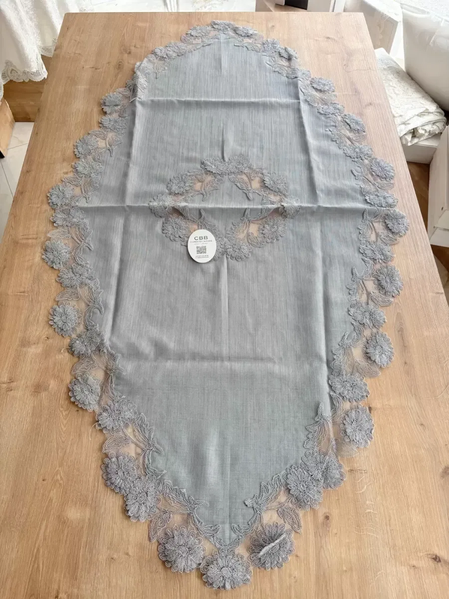 Salon Takımı Çeyizlik Gri Runner Set 5 Parça Keten Masa Örtüsü Runneri Flowers görsel 2