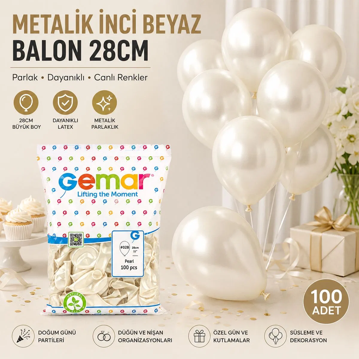 Metalik İnci Beyaz Balon 28 cm (11'') - 100 Adet görsel 3