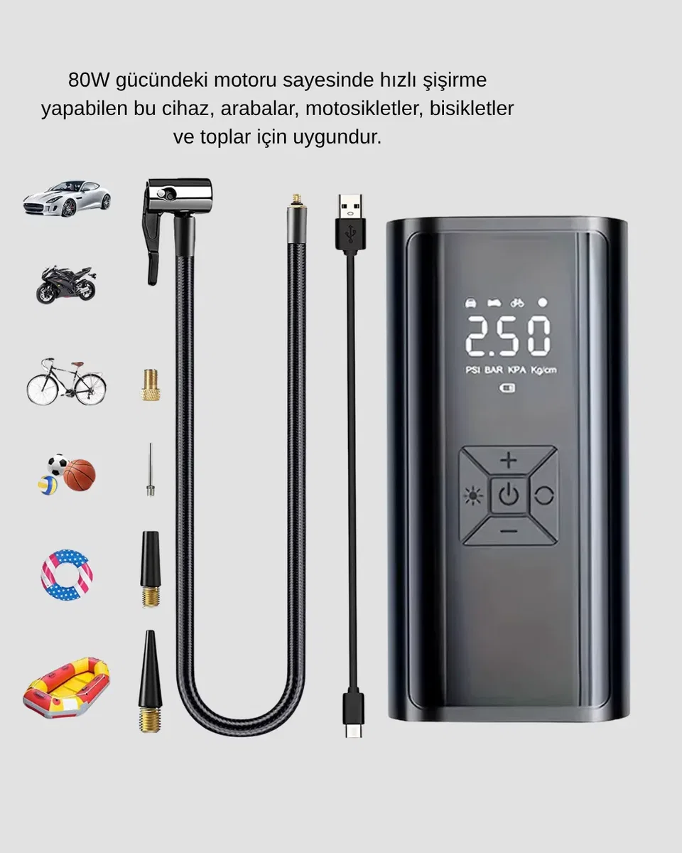 Taşınabilir 80W Kablosuz Lastik Şişirme Pompası Dijital Ekranlı görsel 4