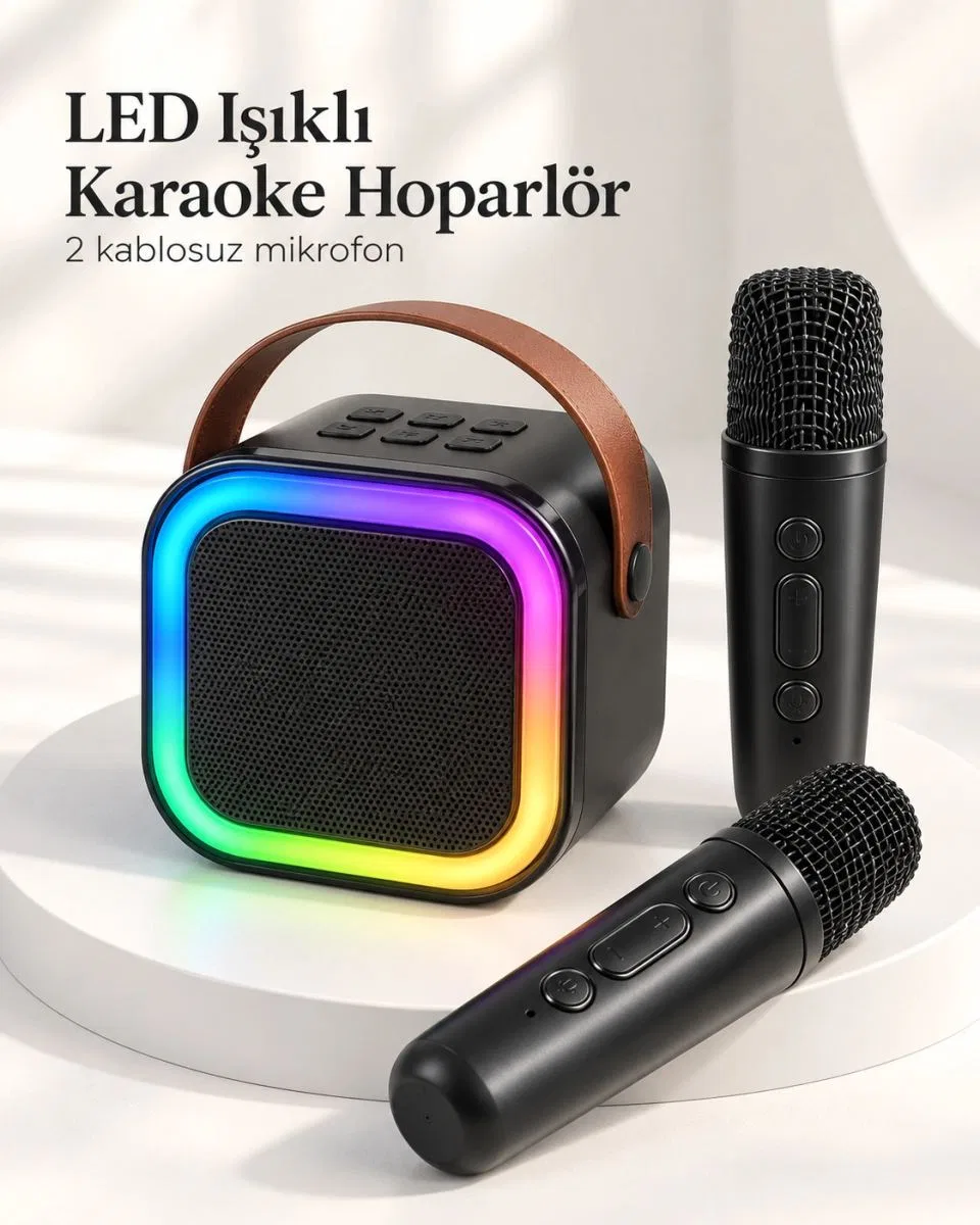Bluetooth Bağlantılı Led Işıklı Karaoke Ses Sistemi Ve İki Kablosuz Mikrofon