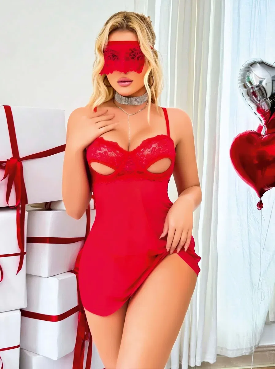 Kadın Kırmızı Göğüs Dekolteli Göz Bağlamalı Tül Gecelik Tanga Takım 2180 görsel 4