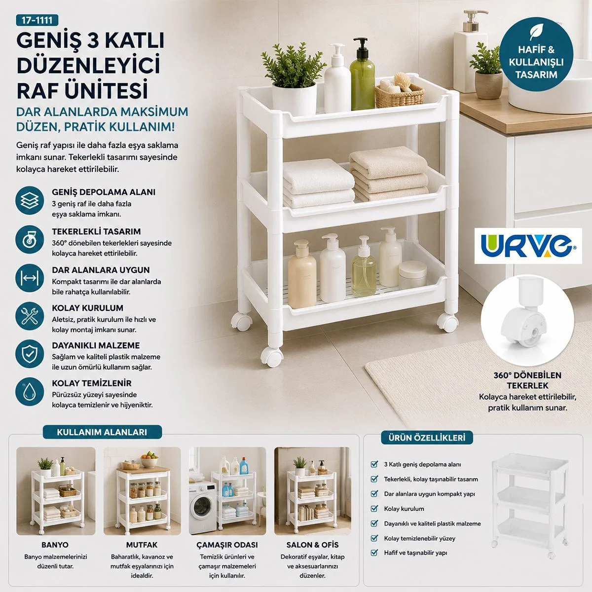3 Katlı Tekerlekli Sepet Organizer Raf - 352x220x480 mm görsel 3