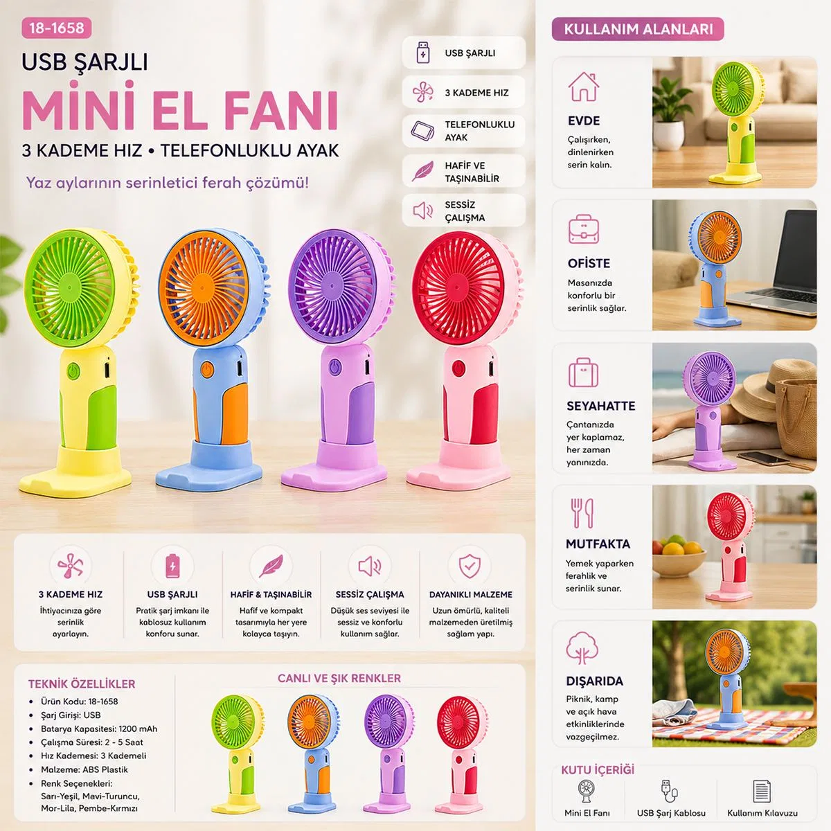 Mini El Fan USB Type-C Şarjlı 3 Kademe Masaüstü Vantilatör görsel 3