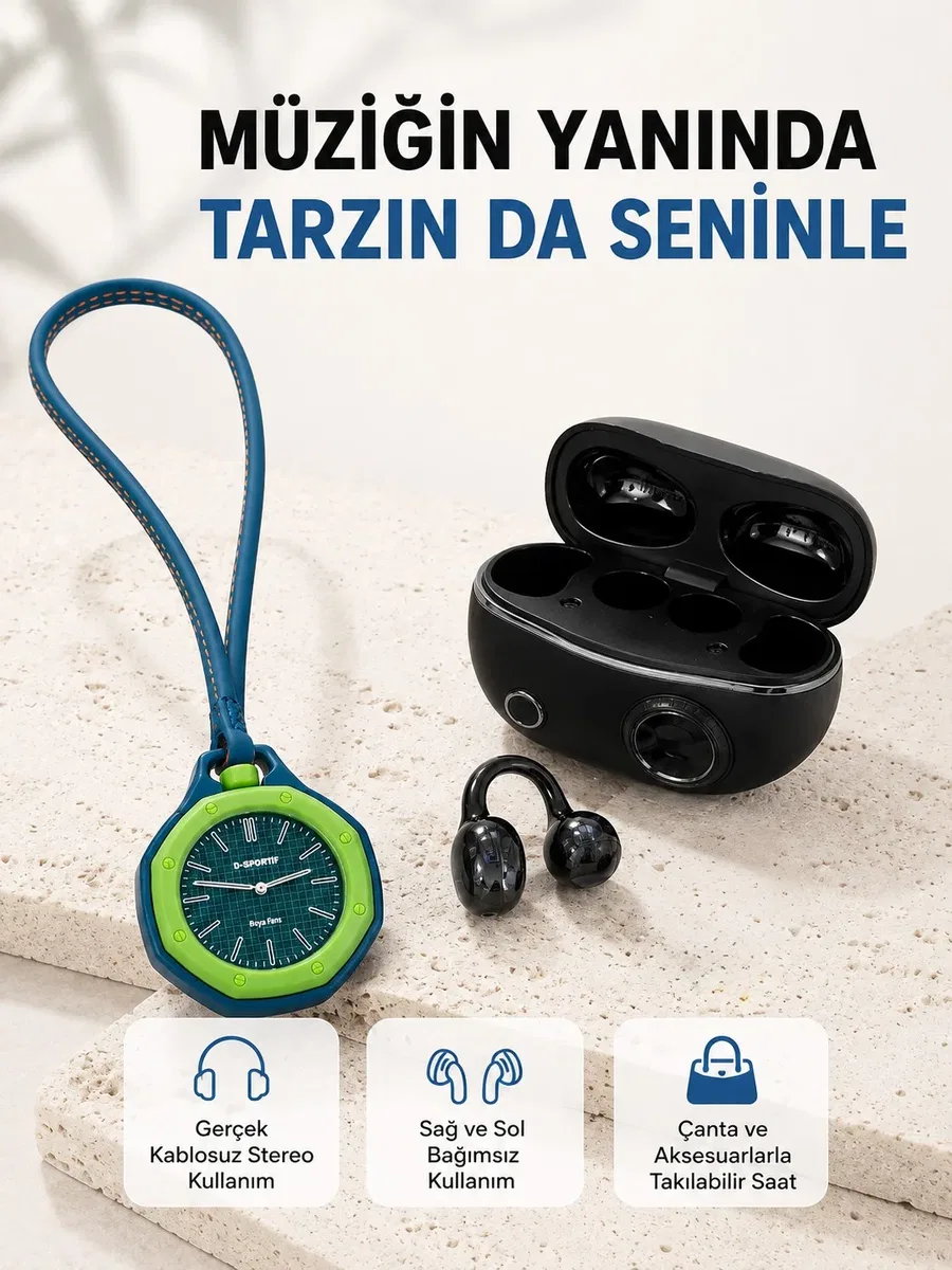 Kablosuz Kulaklık ve Yeşil Askılı Çanta Charm Saat Kampanya Seti Şarj Kutulu Bluetooth Kulaklık