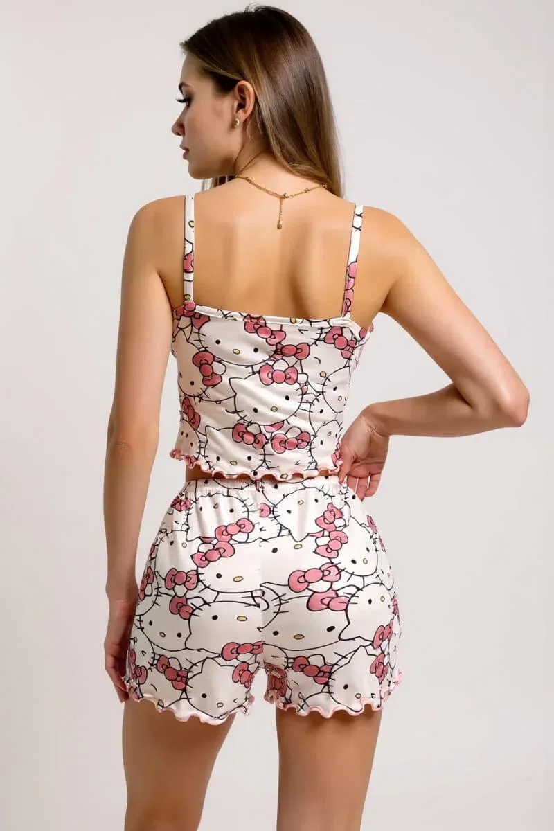 Kadın Bohem Hello Kitty Baskılı Askılı Şortlu Pijama Takımı görsel 4