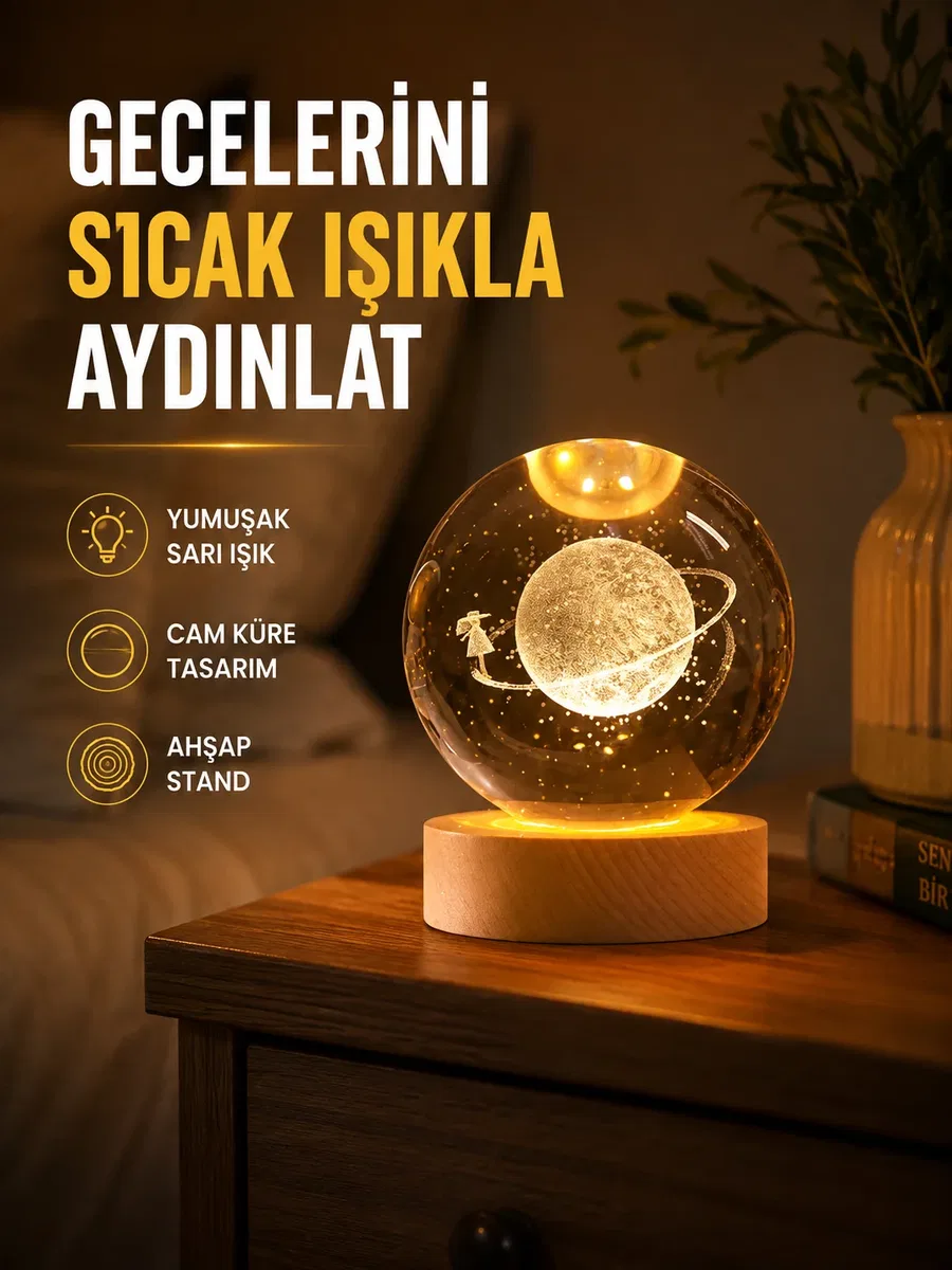 Ahşap Standlı Sarı Işıklı Dekoratif Küre Kız Figürü Tasarım