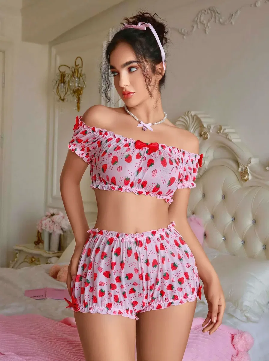 Kadın Pembe Çilek Desenli Şort takım 2156