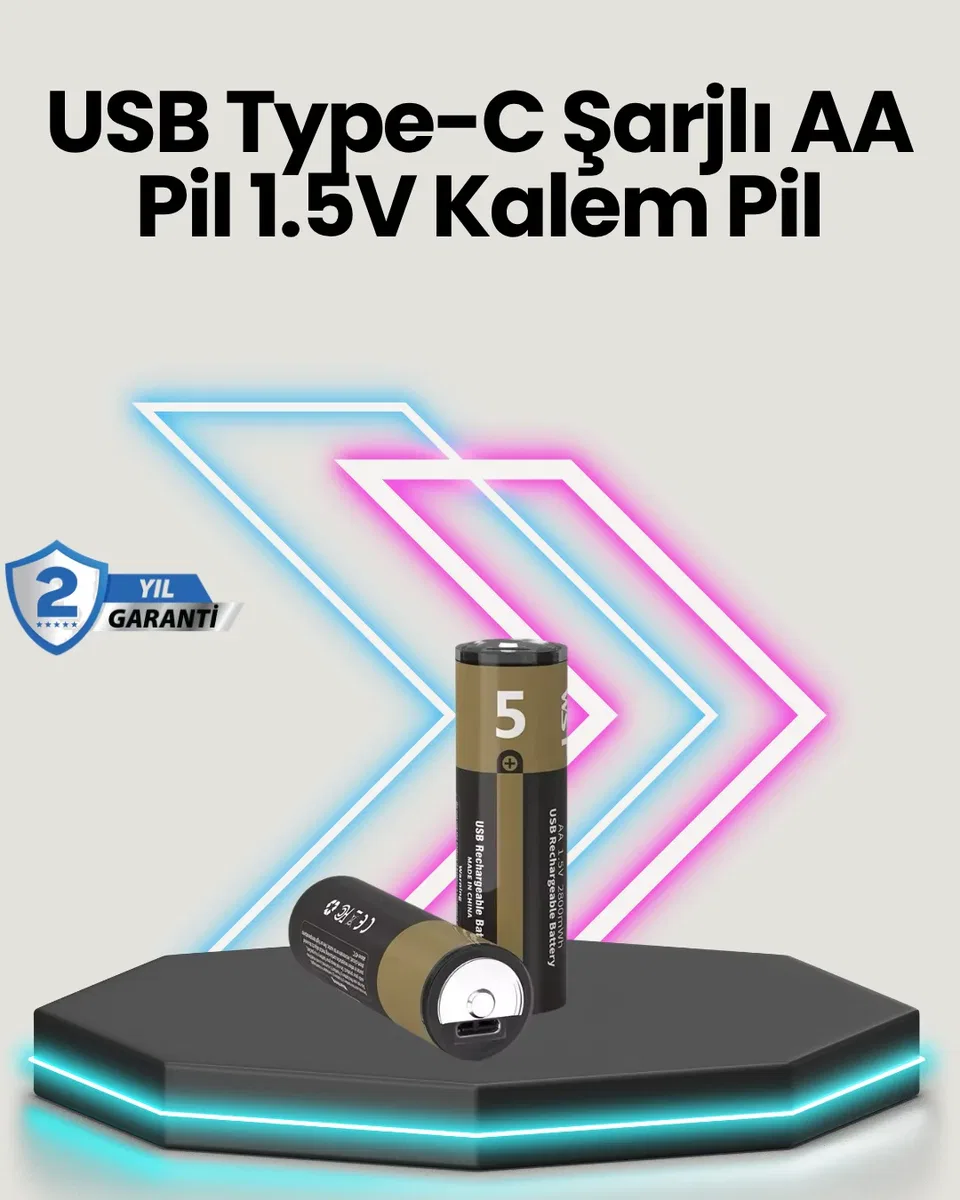 Yüksek Performanslı AA USB Şarjlı Lityum Pil | 1. 5V Sabit Güç | 2’li Paket