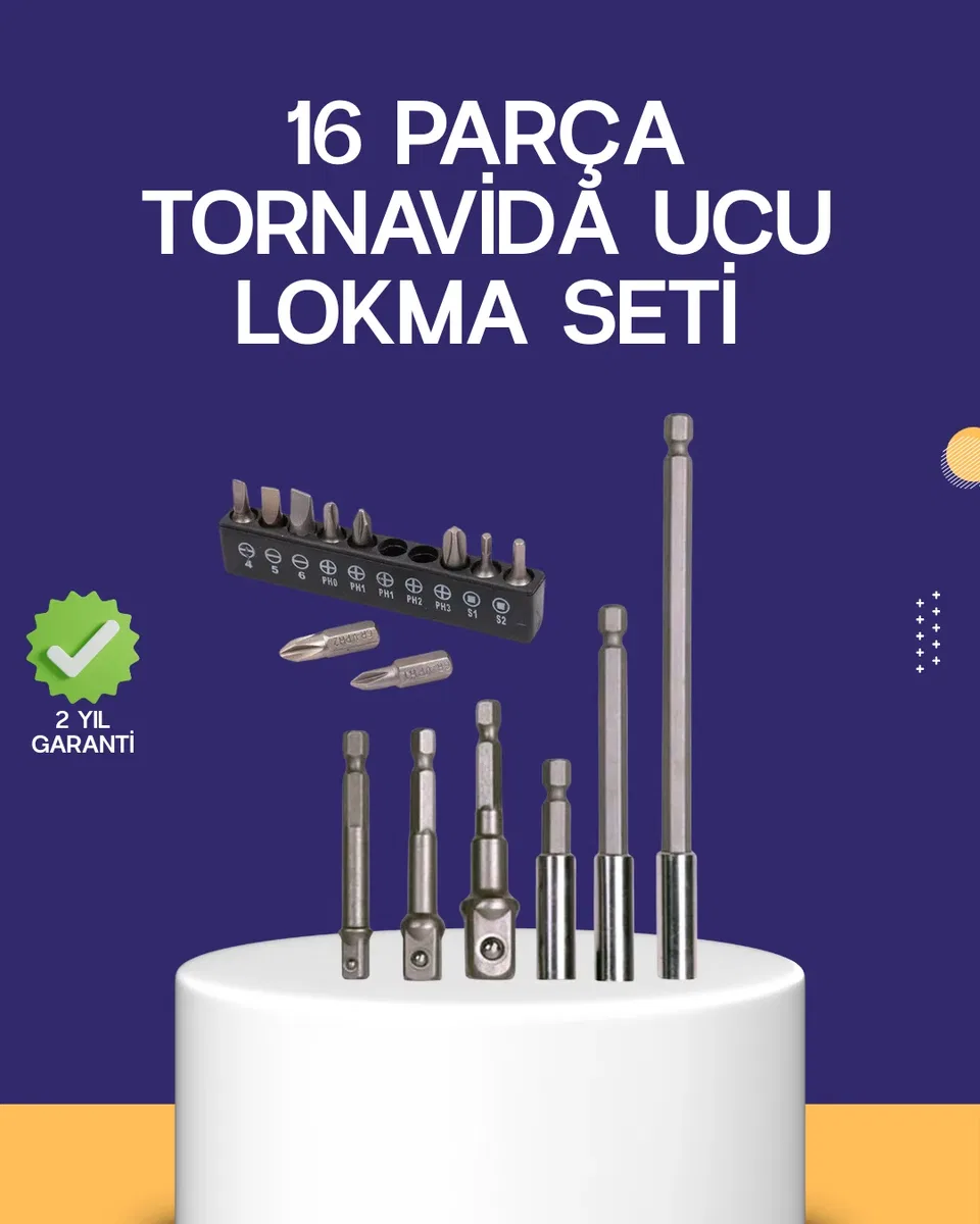 16 Parça Bits ve Adaptör Seti Vidalama Tamir Bakım Seti