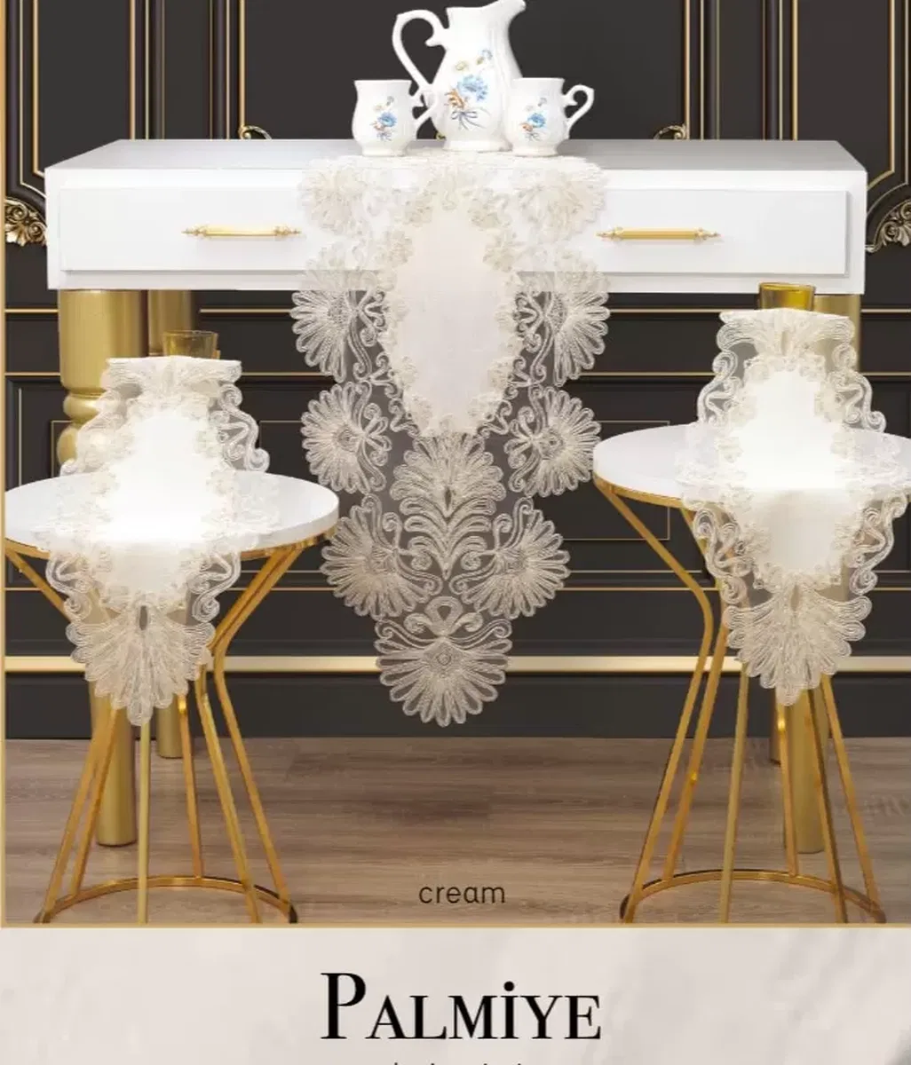 Salon Takımı 3 Parça Keten Masa Örtüsü Runner Seti Çeyizlik Palmiye Model No 2302540 Krem-Krem görsel 3