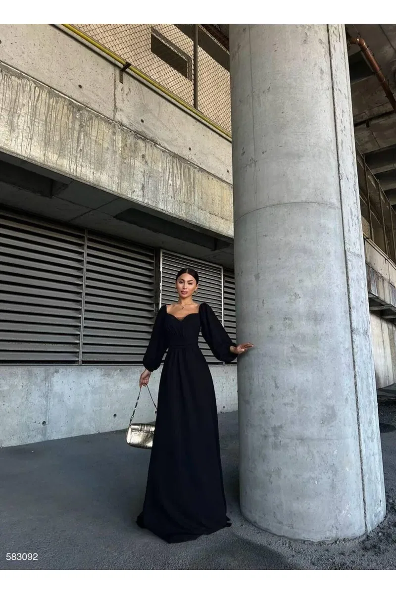 Kadın Şık Model Kare Yaka Balon Kol Saten Kumaş Elbise