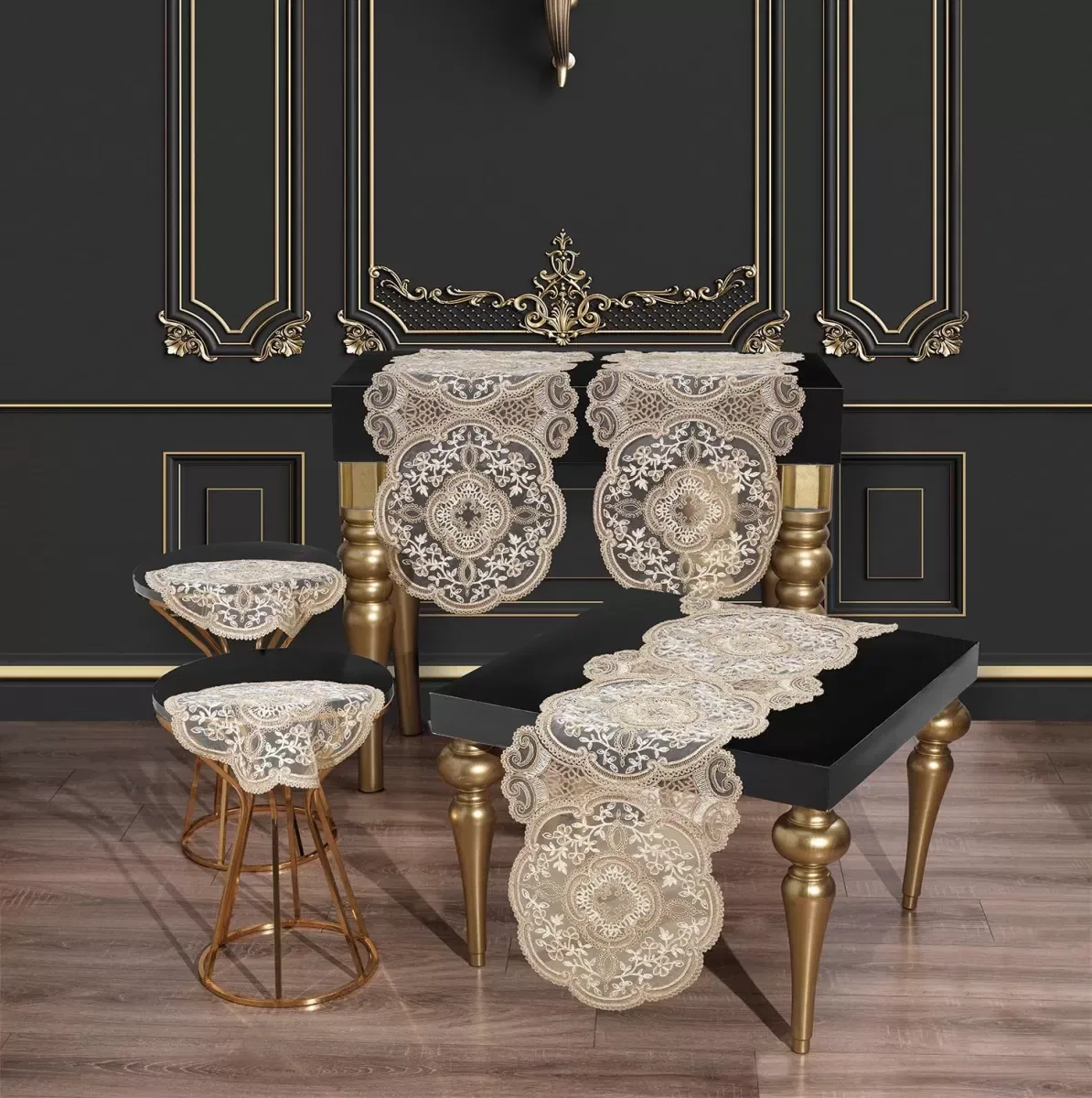 Alya Model Gold 5 Parça Salon Takımı Dantelli Masa Örtüsü Runner Seti