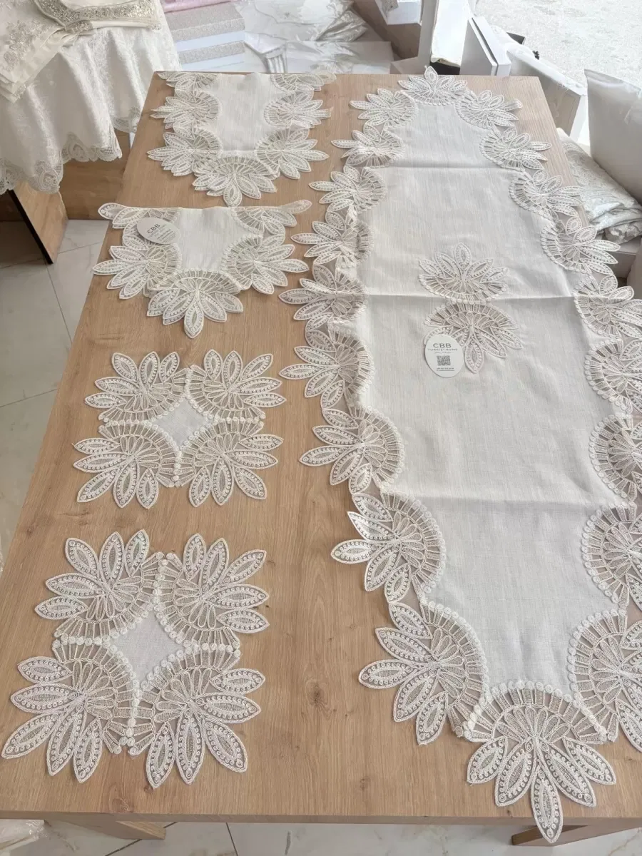 Salon Takımı Çeyizlik Krem Runner Set 5 Parça Keten Ranır Masa Konsol Sehpa Örtüsü Lady görsel 3