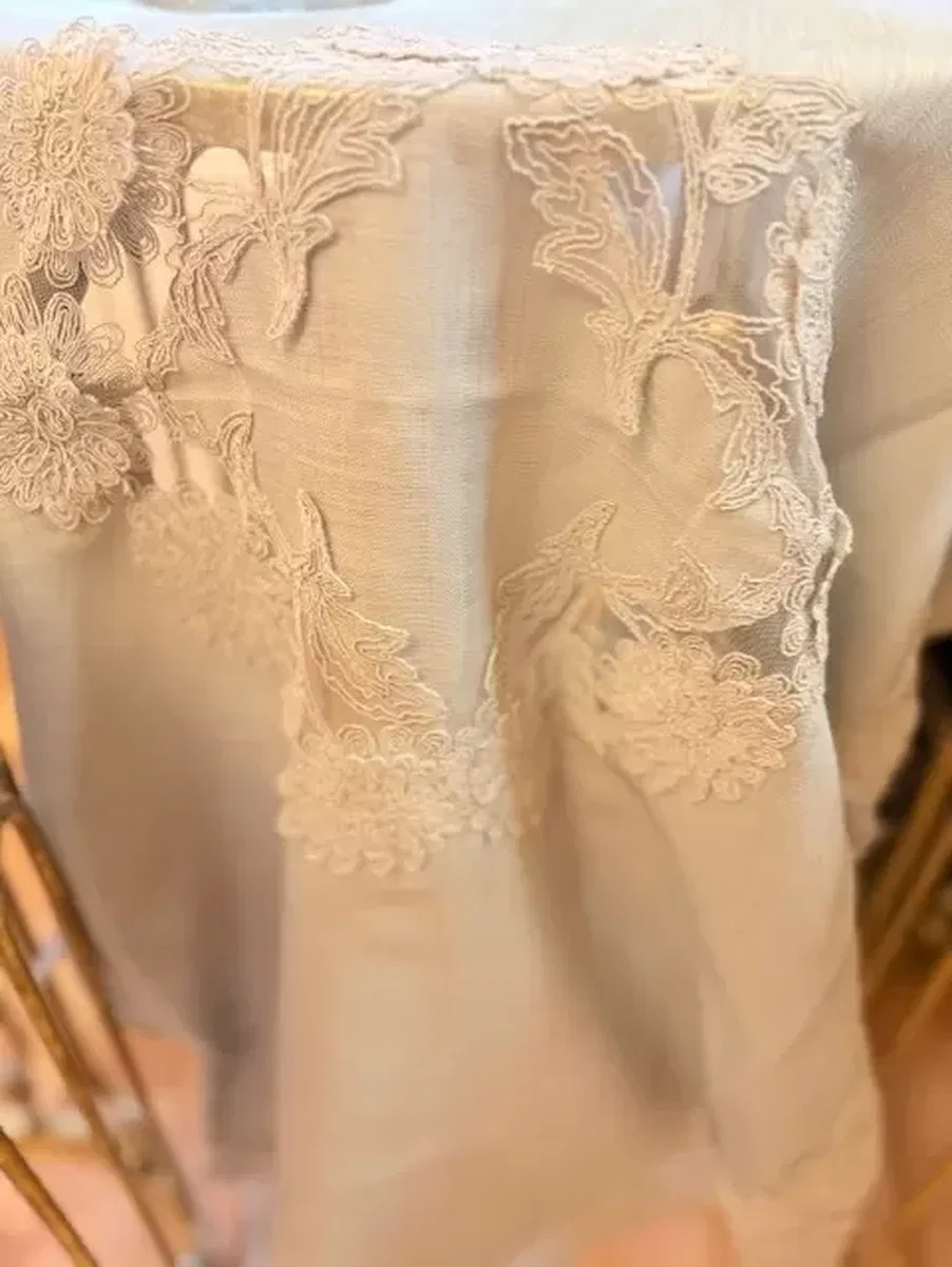 Salon Takımı 5 Parça Keten Dantelli Masa Örtüsü Runner Seti Çeyizlik Flowers Model Gri görsel 2