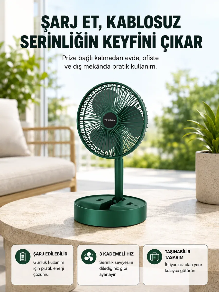 Katlanabilir Şarjlı Mini Fan 3 Kademeli Hız Ayarlı Taşınabilir