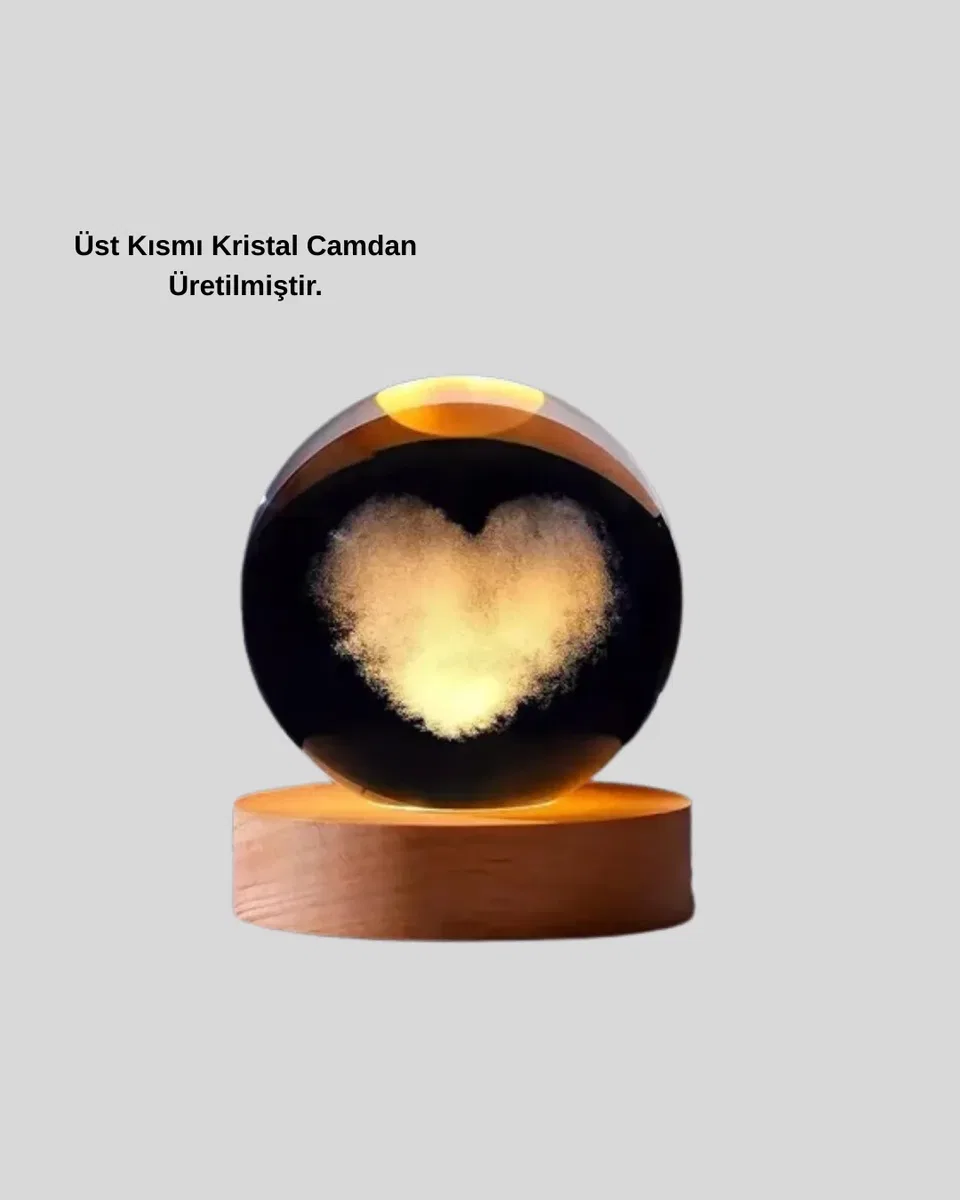 Romantik Kalpli Kristal Cam Küre USB’li Işıklı Dekoratif Obje görsel 3
