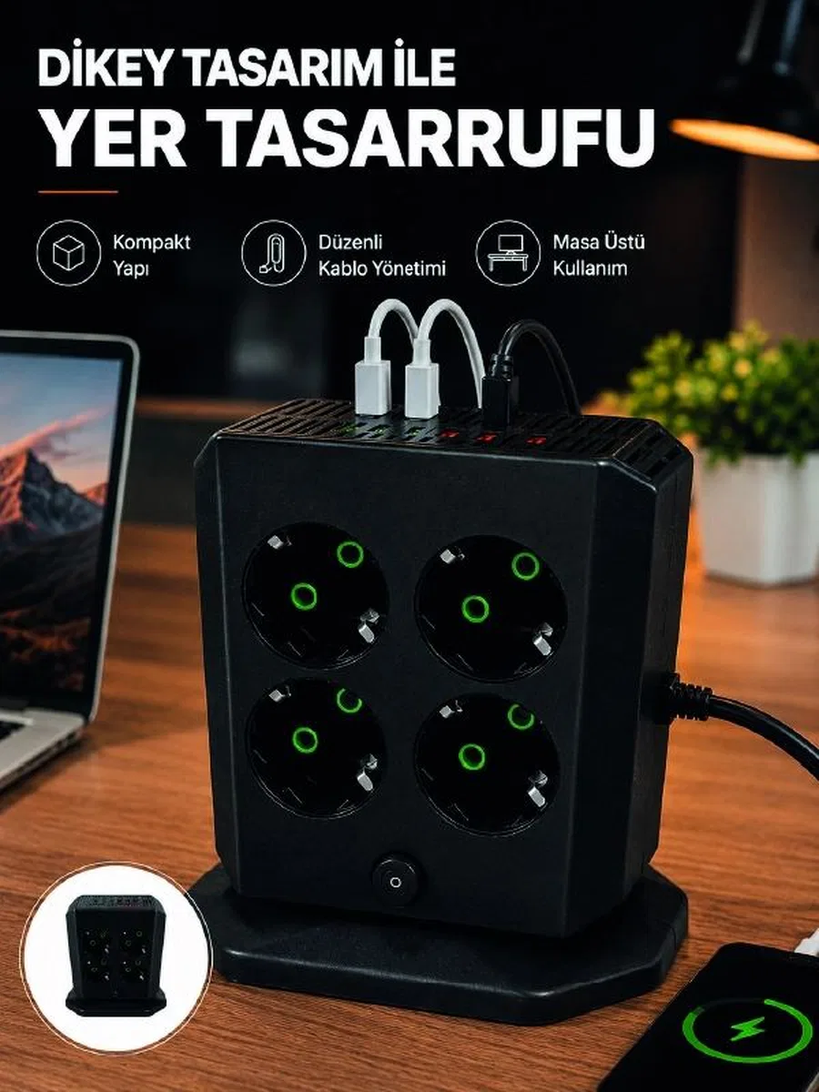 Dikey Priz Kulesi 8 Ac Priz 4 Usb 2 Type-c Çocuk Korumalı Güç Dağıtıcı