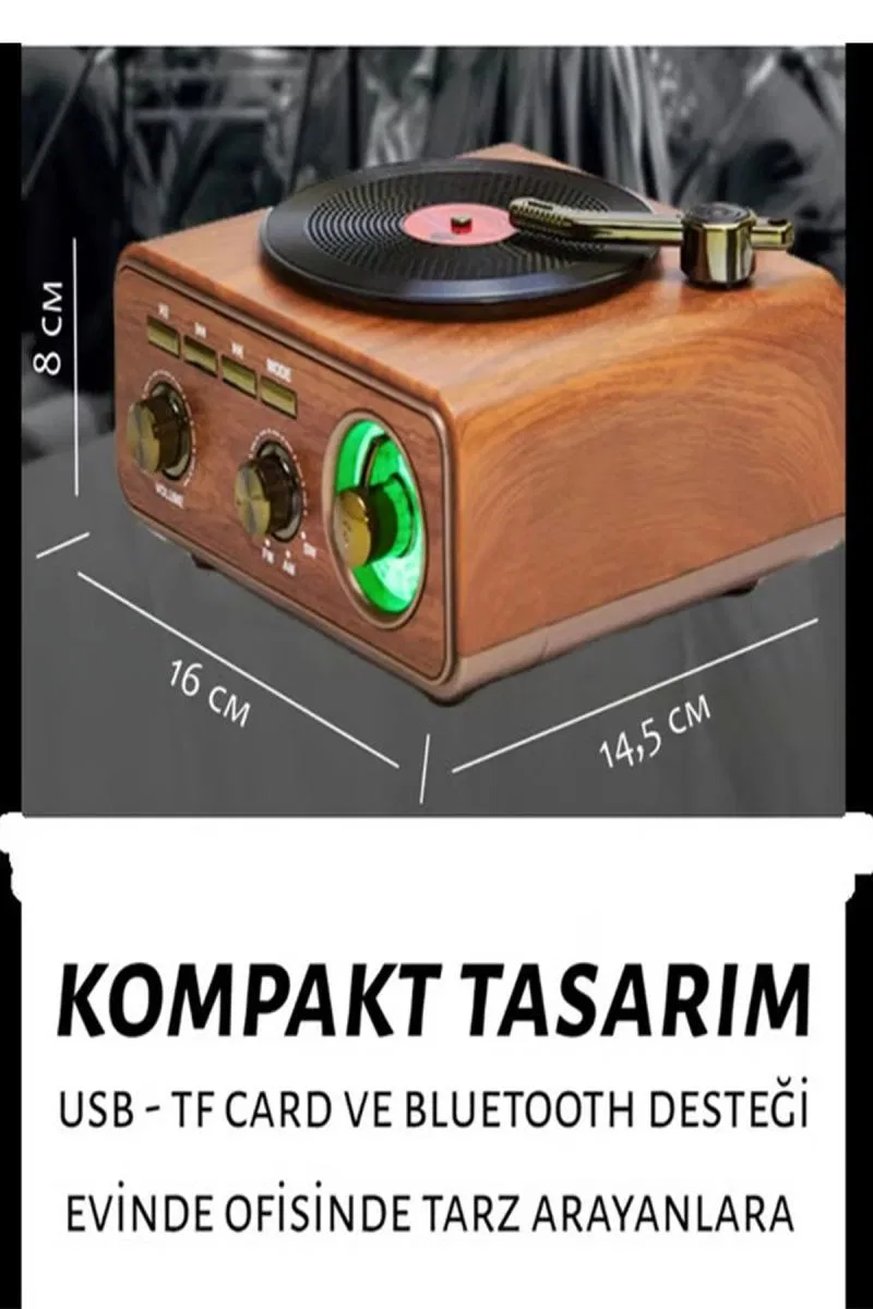 Nostaljik Tasarım Plak Çalar Görünümlü Radyolu Bluetooth Hoparlör Retro Müzik Plak Açık Kahverengi görsel 2