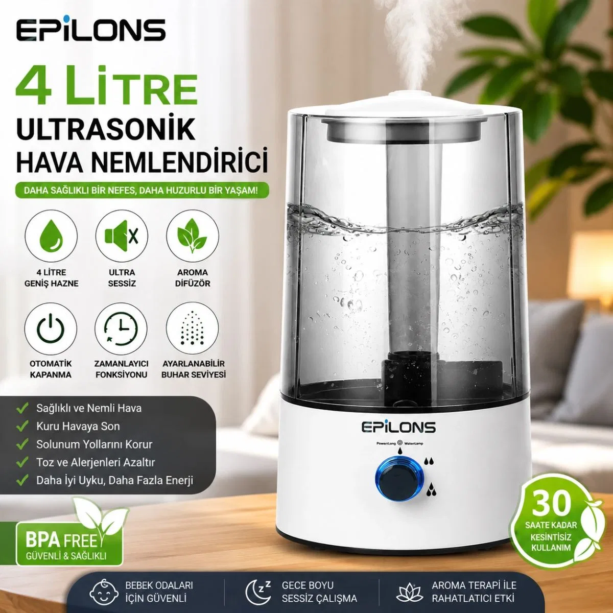 Rbh-04 Ultrasonik Hava Nemlendirici 4 Litre Buhar Makinesi Aroma Difüzörü - Otomatik Kapanma görsel 2