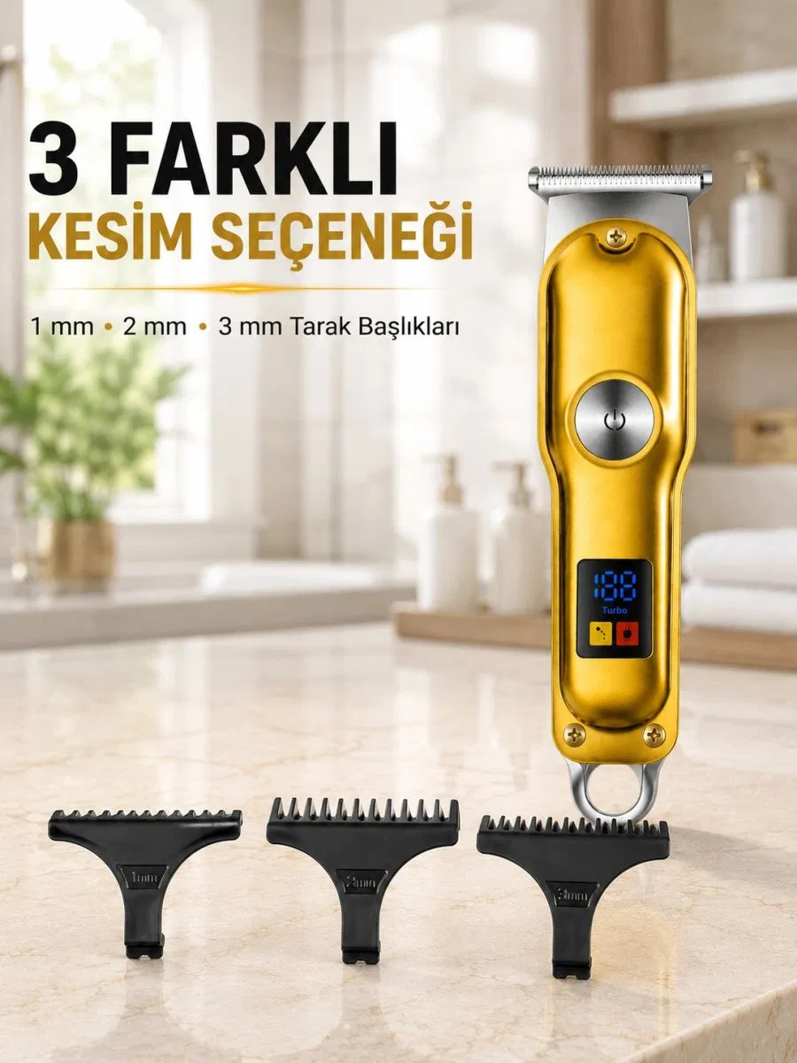 T Bıçaklı Erkek Tıraş Makinesi Usb Şarjlı Led Göstergeli Turbo Özellikli Saç Sakal Kesme Makinesi