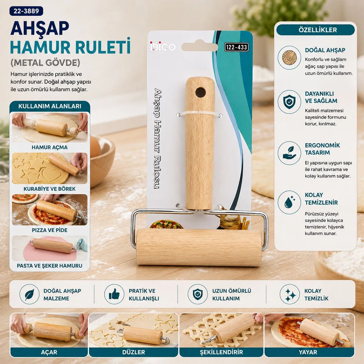 Ahşap Saplı Metal Hamur Ruleti görsel 2