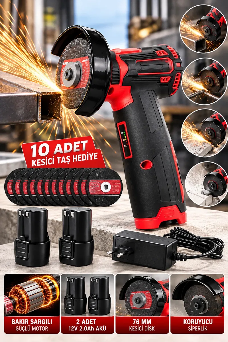 DFL70 12V Mini Şarjlı Taşlama 2 Adet 2. 0Ah Li-Ion Akü 76 mm Kesici Disk 10 Adet Taş Hediyeli