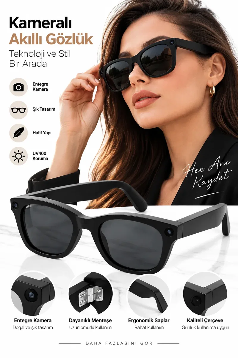 Kameralı Akıllı Gözlük Smart Glasses Güneş Gözlüğü Modern Siyah
