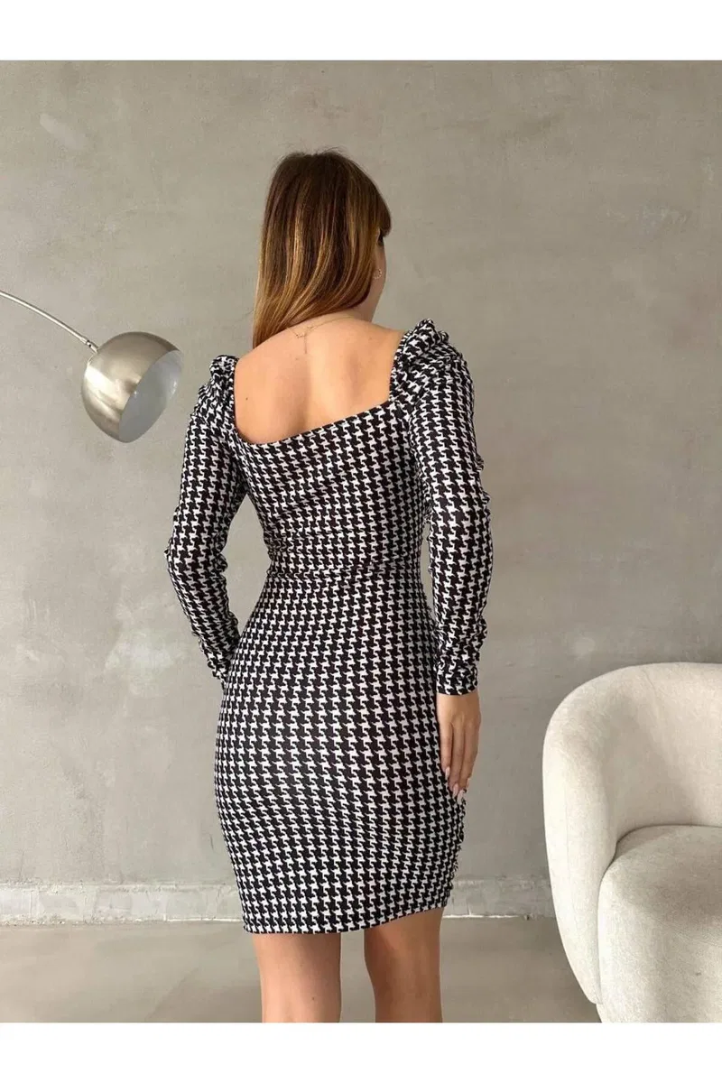 Kadın İnce İşçilik V Yaka Uzun Kol Desenli Slim Elbise görsel 5