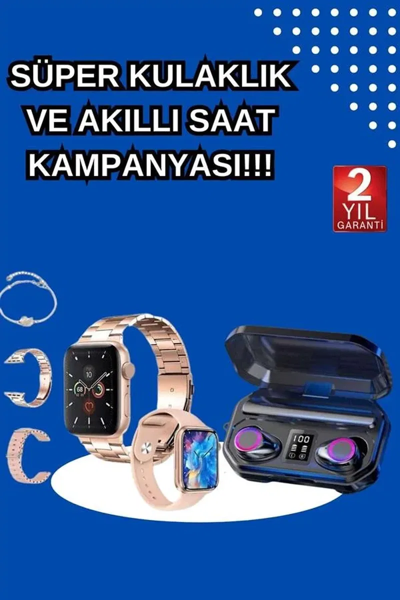 Kadınlar İçin 3 Kordonlu Akıllı Saat ve Dijital Göstergeli Powerbankli Bluetooth Kulaklık Dokunmatik Kontrol görsel 2