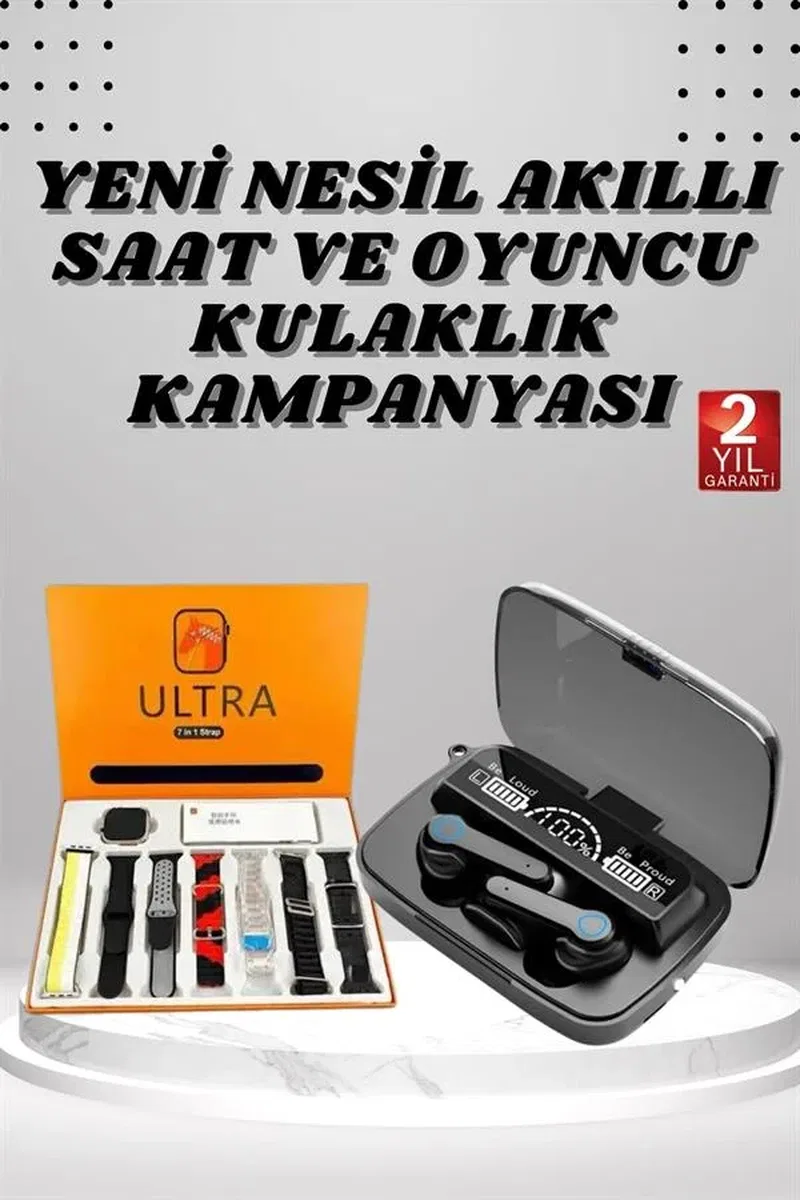 Dijital Göstergeli Powerbank Kulaklık ve 7 Kordonlu Yeni Nesil Akıllı Saat Amoled Ekran görsel 2