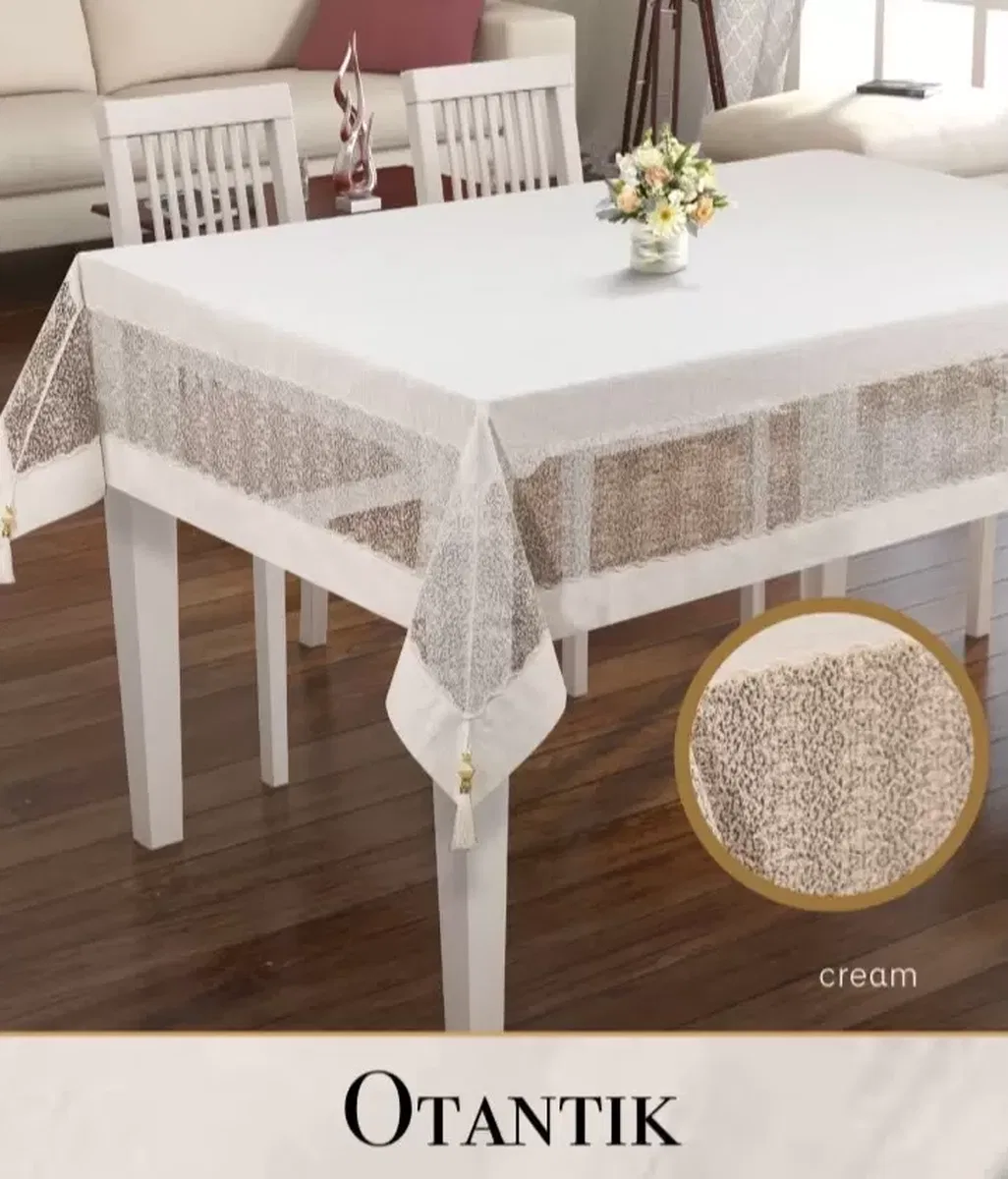 Otantik Model Krem 160x220 cm Keten İşlemeli Masa Örtüsü Dantelli Yemek Masası görsel 2