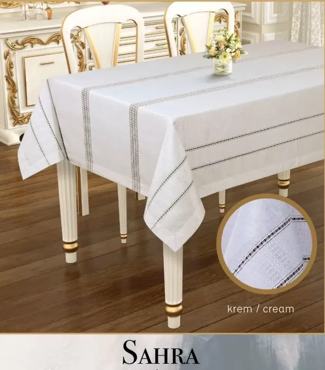 Sahra Model Krem 160x220 cm Polyester Ajurlu Keten Masa Örtüsü Şık Tablecloth görsel 2