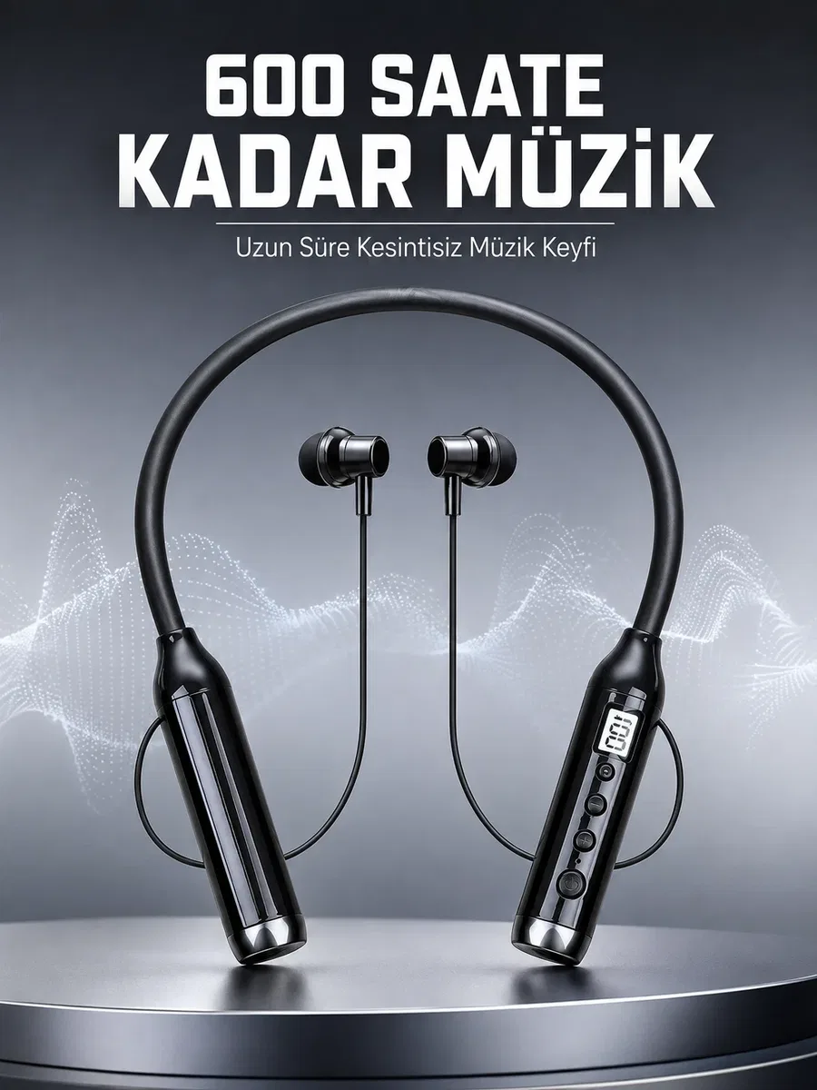 Dijital Göstergeli Boyun Tipi Bluetooth Kulaklık Mikrofonlu Çağrı ve Müzik Kontrollü Çift Cihaz Bağlantılı Kulaklık