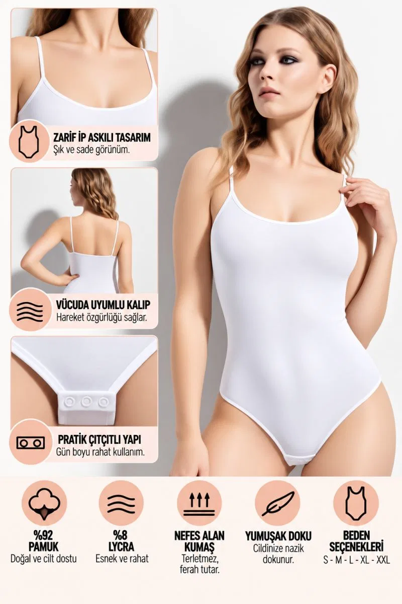 Kadın İp Askılı Çıtçıtlı Body Beyaz Esnek ve Yumuşak Kumaş, Vücuda Uyumlu - ryl - 2600 görsel 2