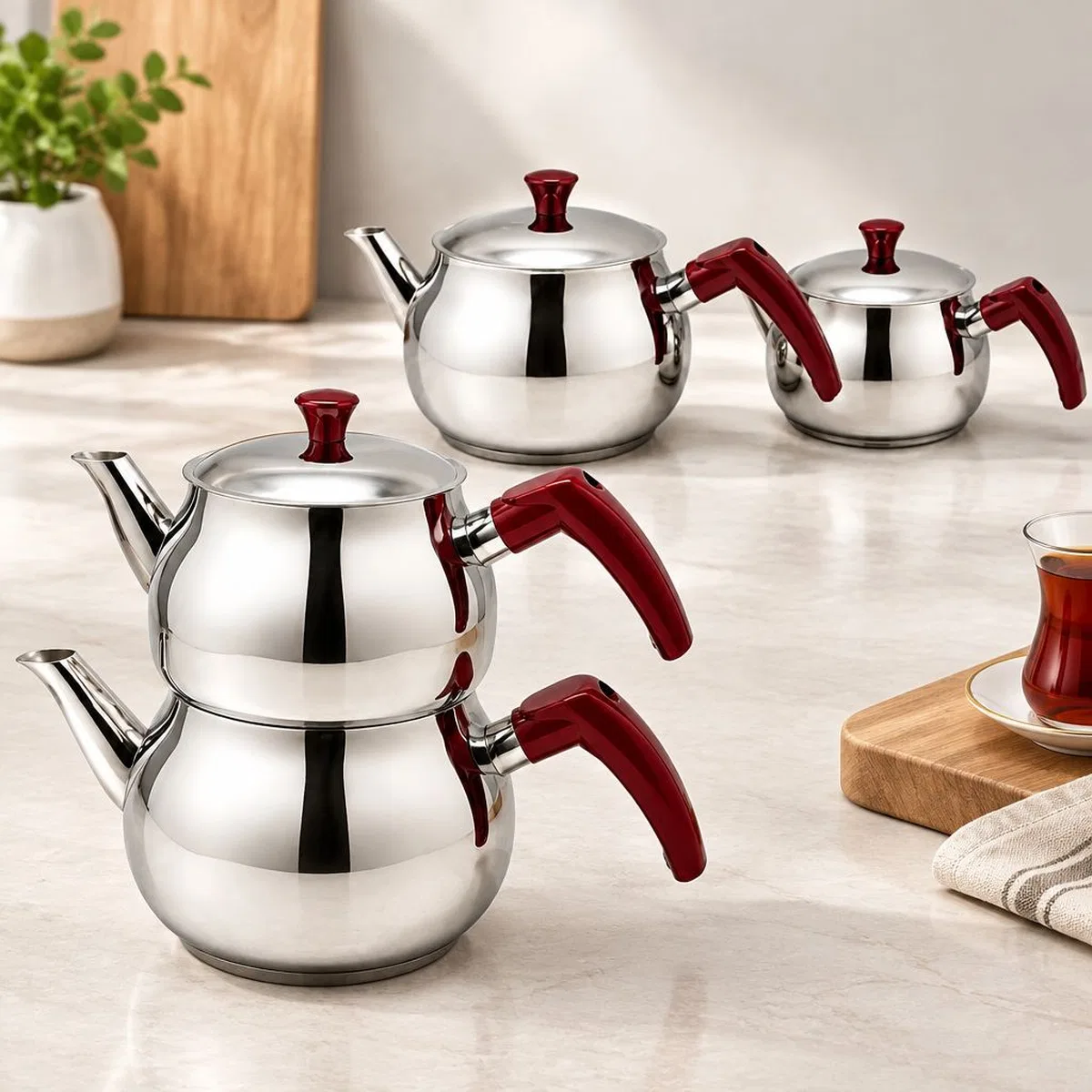 Büyük Küre Çelik Çaydanlık Seti Üst 1. 2 Lt Alt 2. 0 Lt