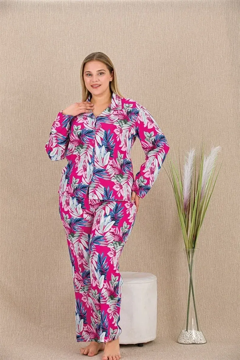 Büyük Beden Renkli Yaprak Desenli Düğmeli Uzun Kol Viskon Pijama Takımı görsel 2