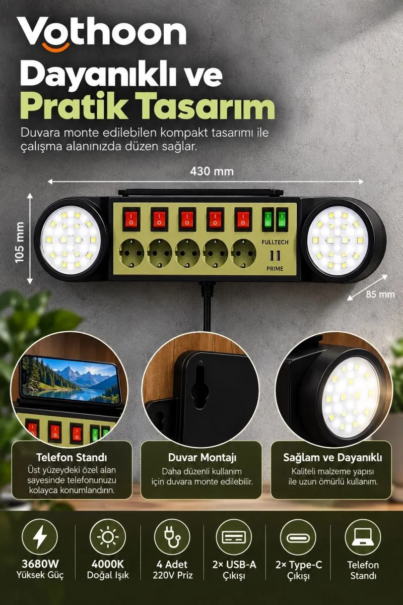 Akıllı Masaüstü Duvar Tipi Akım Korumalı 5’li Priz 3680w Led Işıklı Usb-a Type-c Telefon Standlı görsel 5