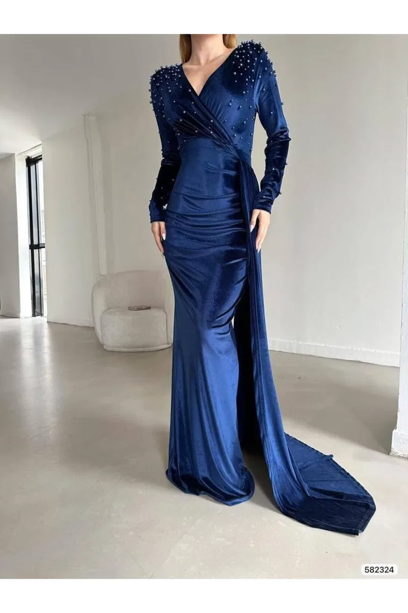 Kadın Şık Model V Yaka Uzun Kol Balık Kesim Abiye Elbise görsel 6