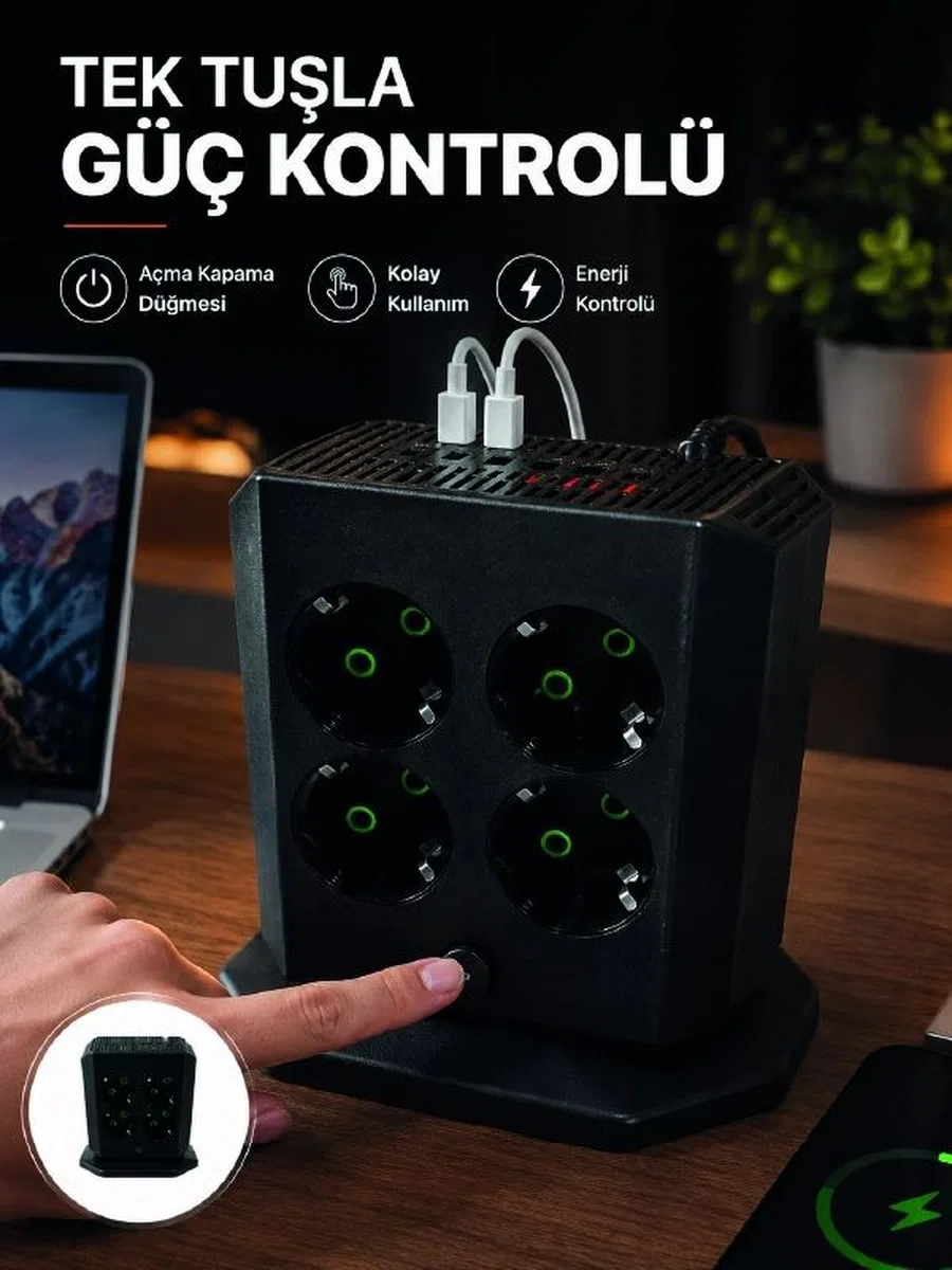 Akım Korumalı 8'li Dikey Priz 4 Usb 2 Type-c Hızlı Şarj Destekli Çoklu Priz